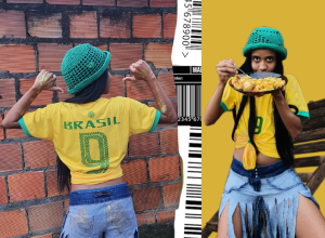 Há uma colagem com duas imagens de autora do trabalho usando a camisa do Brasil. Em uma das poses, a autora segura um prato com comida. Entre as imagens, há códigos de barras.