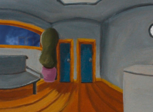 O desenho apresenta uma sala com paredes cinzas. Há uma balcão e um relógio pendurado. No lado esquerdo, há duas portas azuis. No lado direito, há uma porta azul. O chão é de madeira.